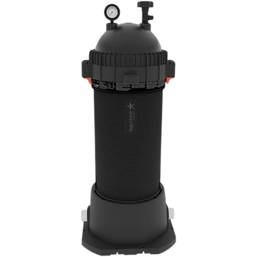 A black AquaStar Swimming Pool Pipeline Cartridge Filter system.