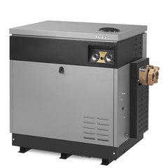 	Angled view of Jandy Hi-E2 EHE350NC pool heater showing cabinet, controls and plumbing connections.