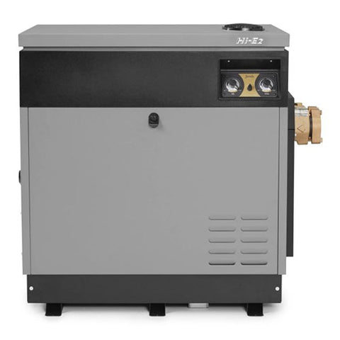 	Front view of Jandy Hi-E2 EHE350NC pool heater with access panel and temperature controls.
