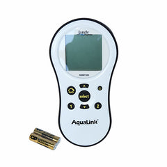 	Jandy AquaLink PDA-P4 handheld remote with LCD screen, control buttons and AA batteries.