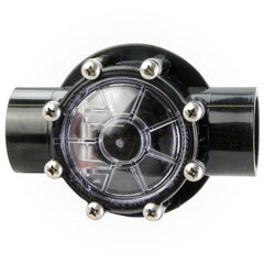 Top view of Jandy 7235 swing check valve showing the spring and flapper through the clear cover.