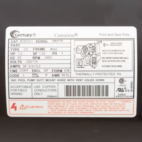 Century Pool Pump Motor 1HP 1-Speed 1 Phase 60Hz 230/115V 56Y Frame | B2853V1