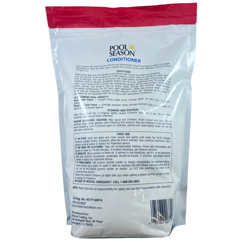 Back of Pool Season Conditioner 8 lb pouch, part 47251360, showing directions and safety information.