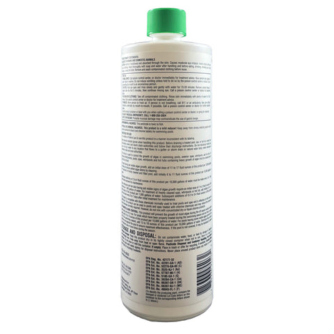Rear label of Pool Season 47245960 Algae Control 60, 1 qt bottle showing directions, precautions and barcode.