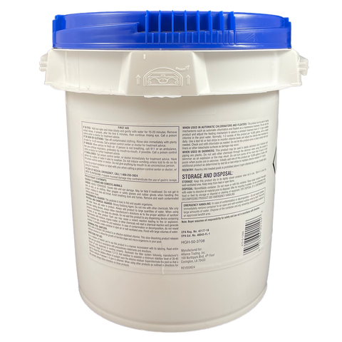 Rear label on Pool Season 47251260 8 lb chlorinating tablet bucket showing directions, precautions and barcode.