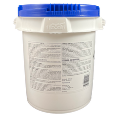 Rear label on Pool Season 47251260 8 lb chlorinating tablet bucket showing directions, precautions and barcode.