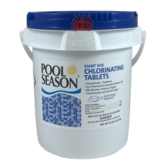 Pool Season 47251260 8 lb bucket of 3-inch individually wrapped chlorinating tablets with blue lid.