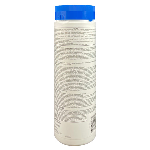 Rear label of Pool Season 47251300 2 lb chlorinating concentrate bottle showing directions, precautions and barcode.