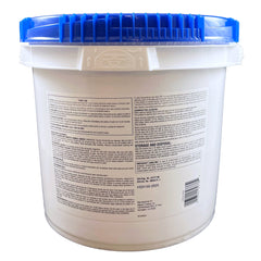 Rear label of Pool Season 47251310 25 lb chlorinating concentrate pail showing directions, precautions and barcode.