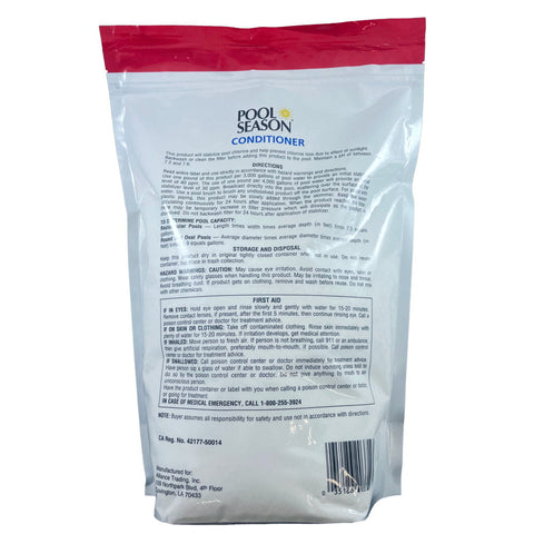 Back of Pool Season Conditioner 5 lb pouch, part 47251350, showing directions and safety information.