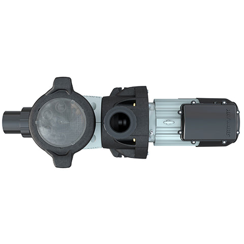 Top view of the Hayward HCP30503 commercial pool pump, showing the clear strainer lid, outlet and motor.