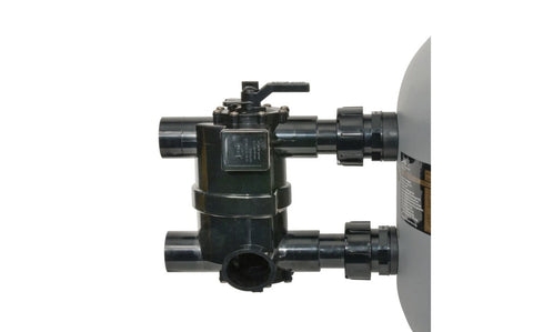 Jandy BWVL-NVL-75 backwash valve connected to a pool filter with union fittings, installation example.
