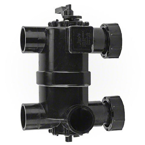 Side view of the Jandy BWVL-NVL backwash valve showing the valve body, handle, plumbing ports and unions.