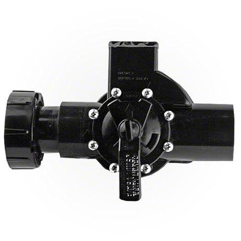 Top view of the Jandy BWVL-NVL Never Lube backwash valve showing the handle, lid screws and pipe connections.