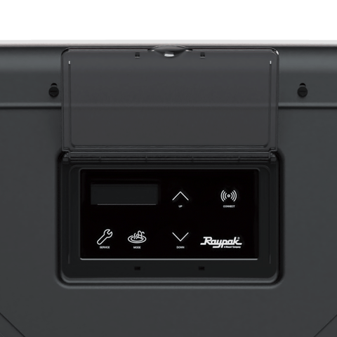 Raypak Crosswind V TWPH-4550EHT08 control panel showing the display and control buttons.