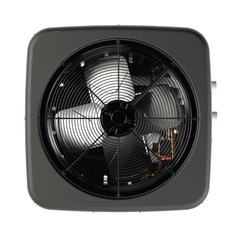 Top view of Raypak Crosswind V TWPH-4550EHT08 heat pump showing the fan and protective grille.