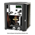 Angled interior illustration of the Raypak Crosswind V Deluxe heat/cool pump showing controls, coil and piping.