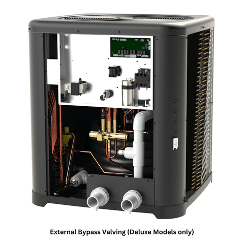 Angled interior illustration of the Raypak Crosswind V Deluxe heat/cool pump showing controls, coil and piping.
