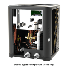 Angled interior illustration of the Raypak Crosswind V Deluxe heat/cool pump showing controls, coil and piping.