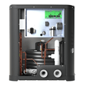 Raypak Crosswind V heat pump with front panels removed, showing controls and internal plumbing.