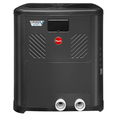 Raypak Crosswind V TWPH-6550EHT08 pool and spa heat pump, front view with water connections.