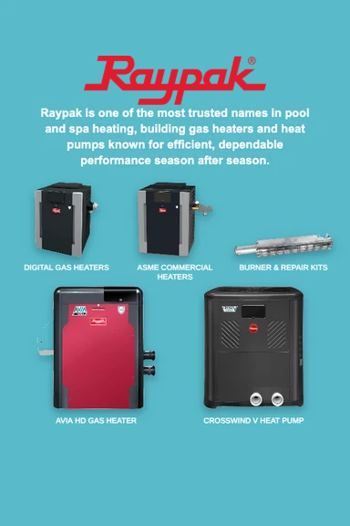 Featured Raypak products - gas pool heaters, heat pumps and repair kits