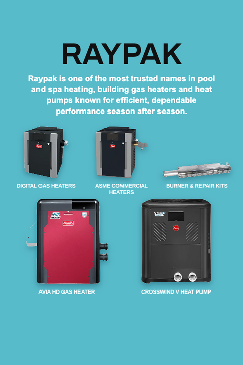 Featured Raypak products - gas pool heaters, heat pumps and repair kits